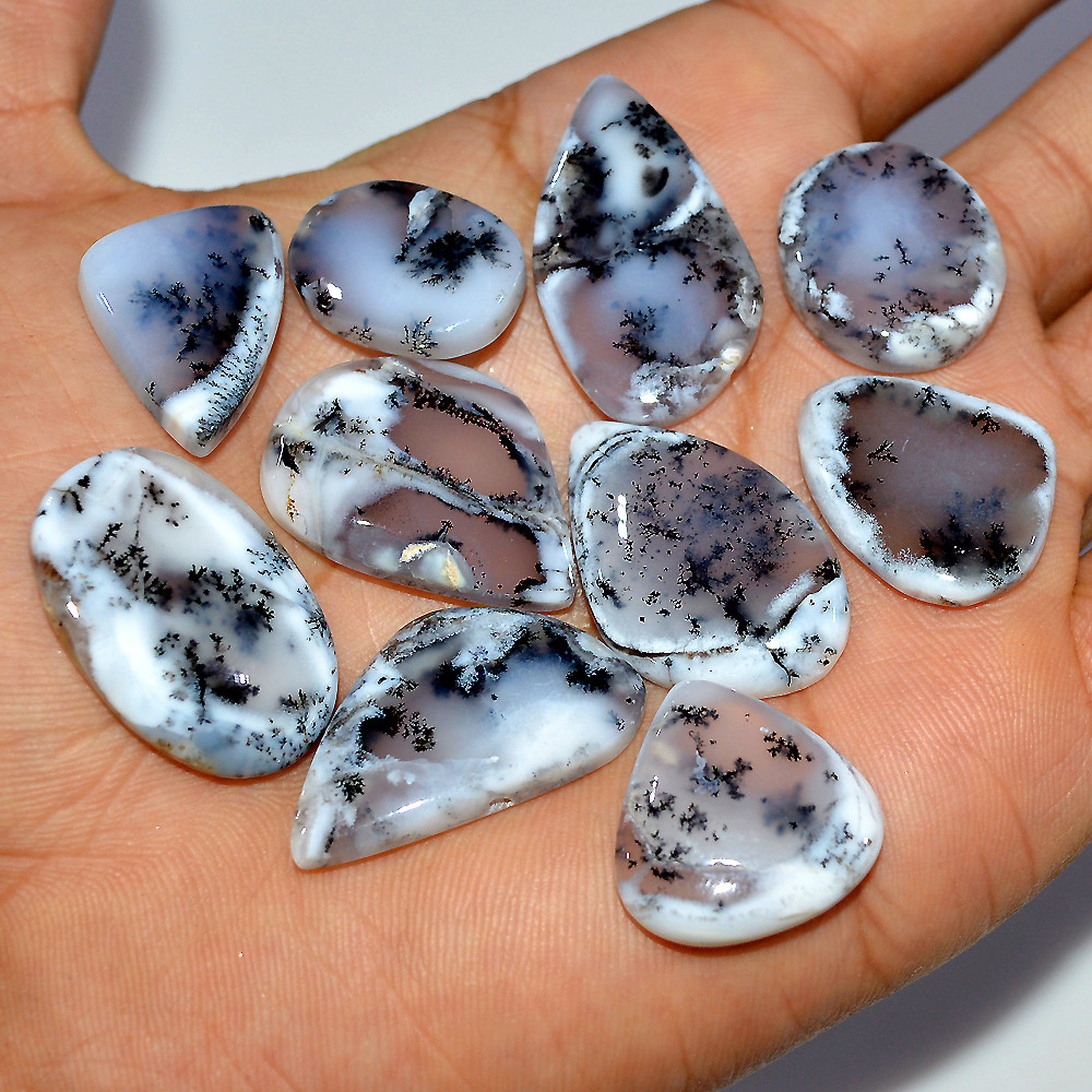 Image of 10 Pcs 197 Cts Natural Dendrite Agate Cabochon Loose Gemstone Lot Jewelry Making Semi-Precious Healing Crystal 30x16 19x14mm #17204