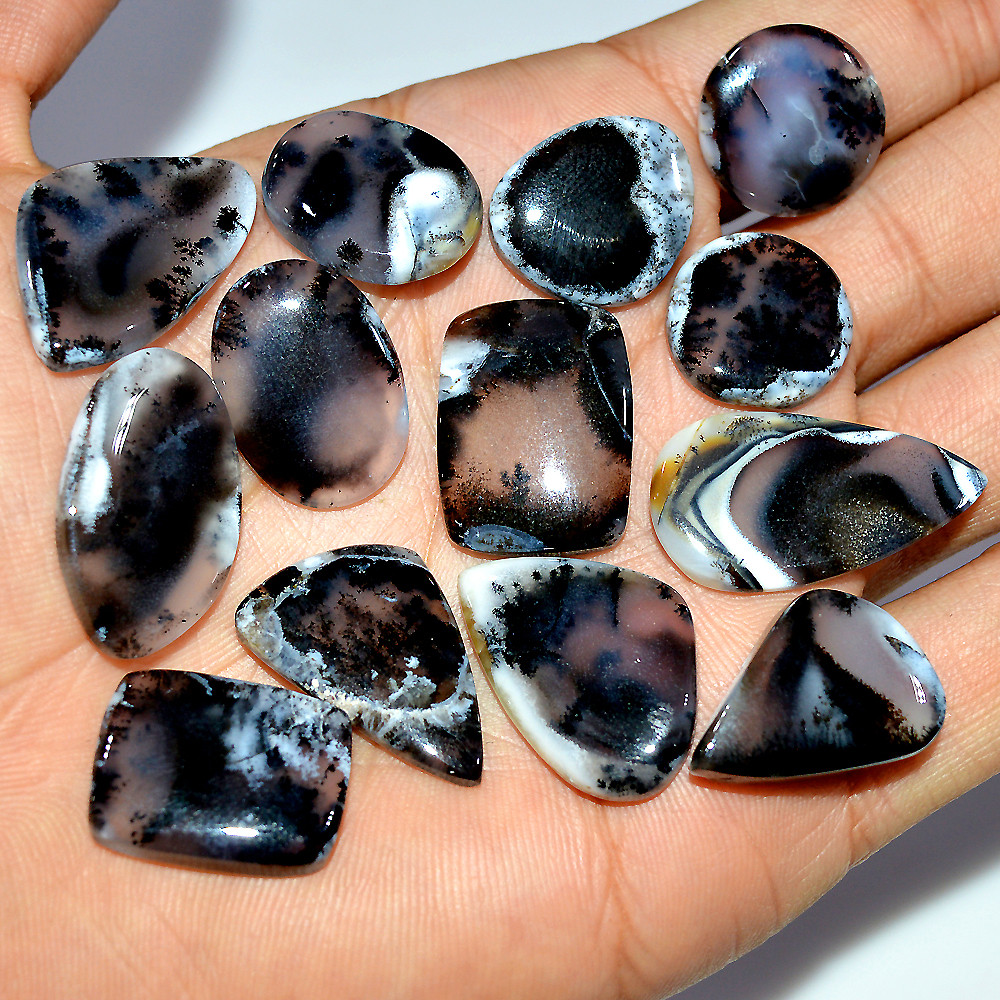 Image of 13 Pcs 185 Cts Natural Dendrite Agate Cabochon Loose Gemstone Lot Mixed Shapes Sizes Healing Crystal For Jewelry Making 29x15 15x15mm #17244