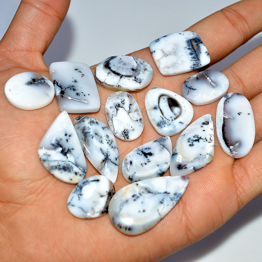Image of 14 Pcs 199 Cts Natural Dendrite Agate Cabochon Loose Gemstone Lot Mixed Shapes Sizes Healing Crystal For Jewelry Making 32x15 17x14mm #17250