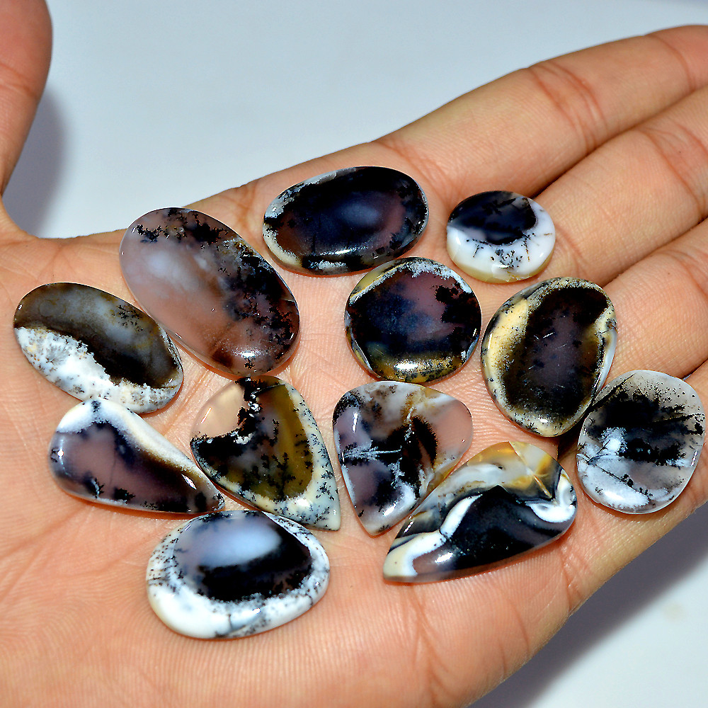 12 Pcs 200 Cts Natural Dendrite Agate Cabochon Loose Gemstone Lot Mixed Shapes Sizes Healing Crystal For Jewelry Making 30x15 15x15mm 17257