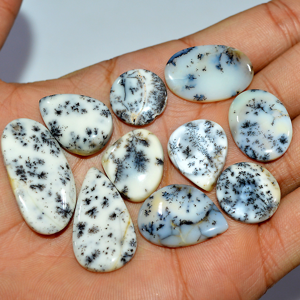 10 Pcs 127 Cts Natural Dendrite Agate Cabochon Loose Gemstone Lot Mixed Shapes Sizes Healing Crystal For Jewelry Making 30x15 15x15mm 17266
