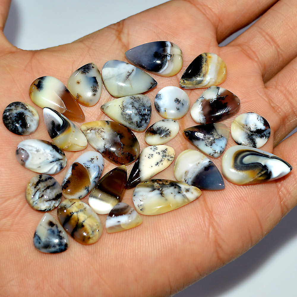25 Pcs 112 Cts Natural Dendrite Agate Cabochon Loose Gemstone Lot Mixed Shapes Sizes Healing Crystal For Jewelry Making 20x10 10x6mm 17270