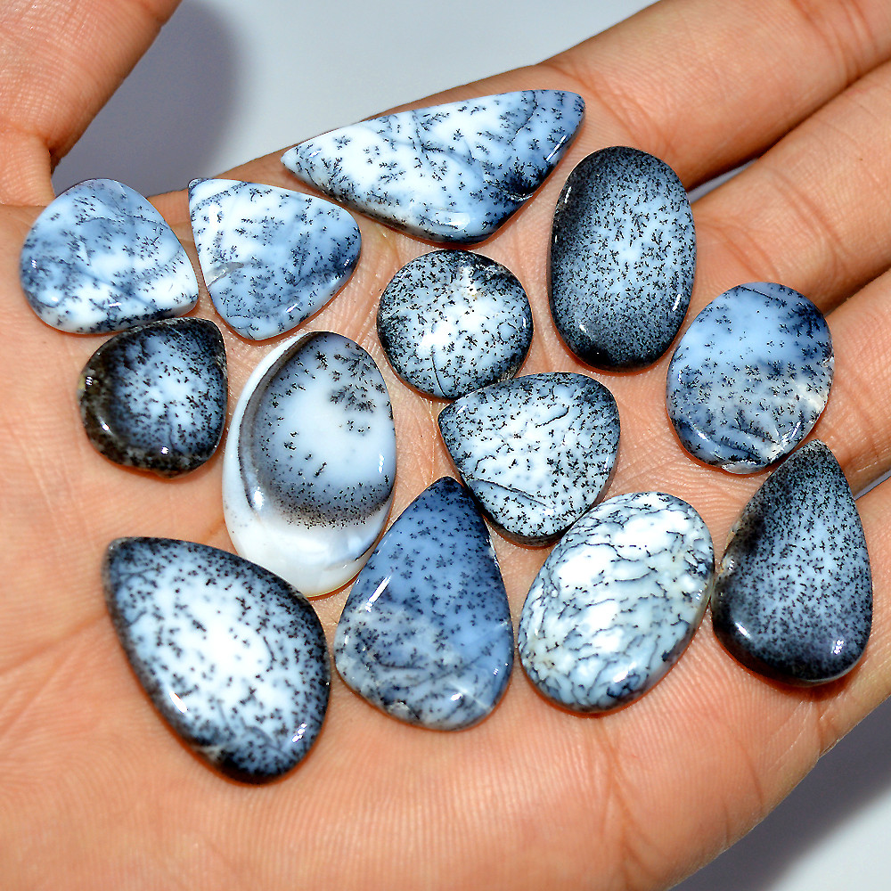 Image of 13 Pcs 153 Cts Natural Dendrite Agate Cabochon Loose Gemstone Lot Craft Supplies For Silver Jewelry Making For Women 30x14 14x14mm #17276
