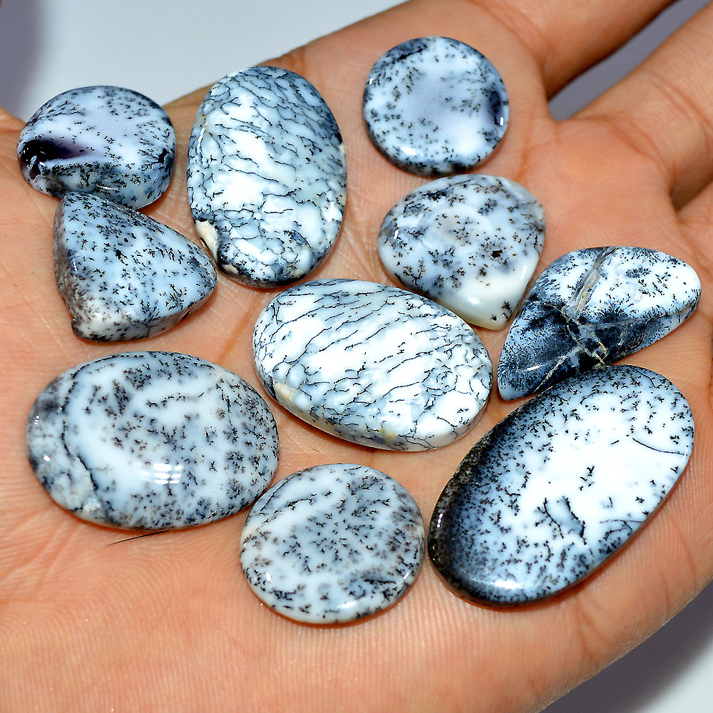 Image of 8 Pcs 163 Cts Natural Dendrite Agate Cabochon Loose Gemstone Lot Craft Supplies For Silver Jewelry Making For Women 33x17 15x15mm #17279