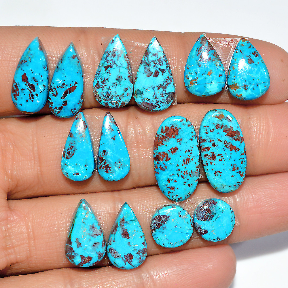 Image of 7 Pairs 48 Cts Natural Chrysocolla Cabochon Gemstone Dangle Drop Dainty Earrings Making Matched Loose Gemstone Pair Lot 18x9 8x8mm #17302