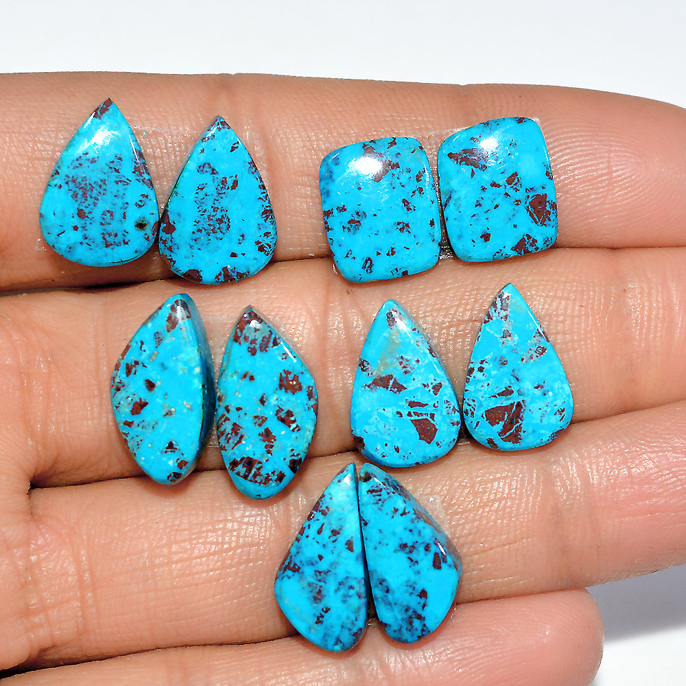 Image of 5 Pairs 47 Cts Natural Chrysocolla Cabochon Gemstone Dangle Drop Dainty Earrings Making Matched Loose Gemstone Pair Lot 15x8 10x9mm #17303