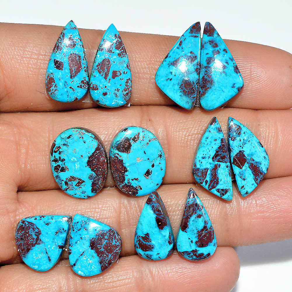 Image of 6 Pairs 64 Cts Natural Chrysocolla Cabochon Gemstone Dangle Drop Dainty Earrings Making Matched Loose Gemstone Pair Lot 19x9 14x11mm #17304