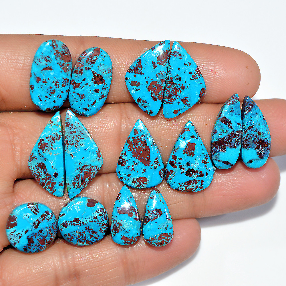 Image of 7 Pairs 77 Cts Natural Chrysocolla Cabochon Gemstone Dangle Drop Dainty Earrings Making Matched Loose Gemstone Pair Lot 23x9 11x11mm #17305