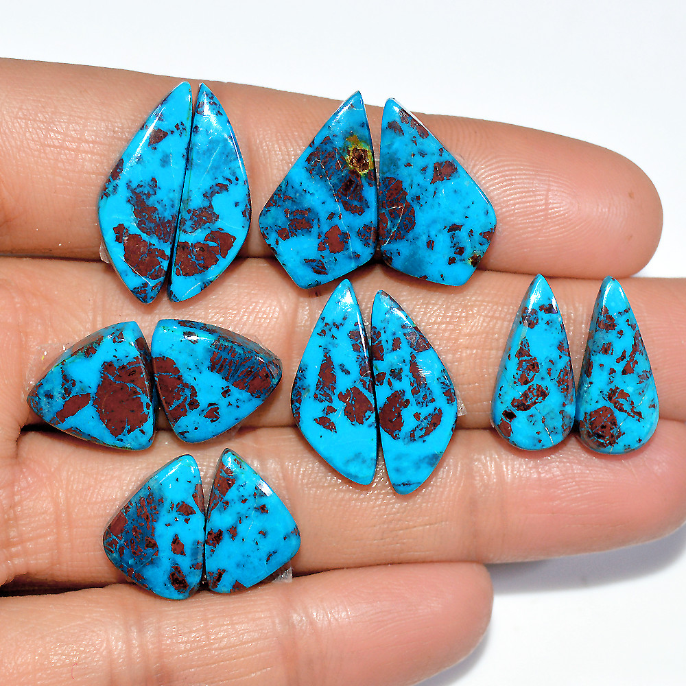 6 Pairs 72 Cts Natural Chrysocolla Cabochon Gemstone Dangle Drop Dainty Earrings Making Matched Loose Gemstone Pair Lot 22x5 14x9mm 17309