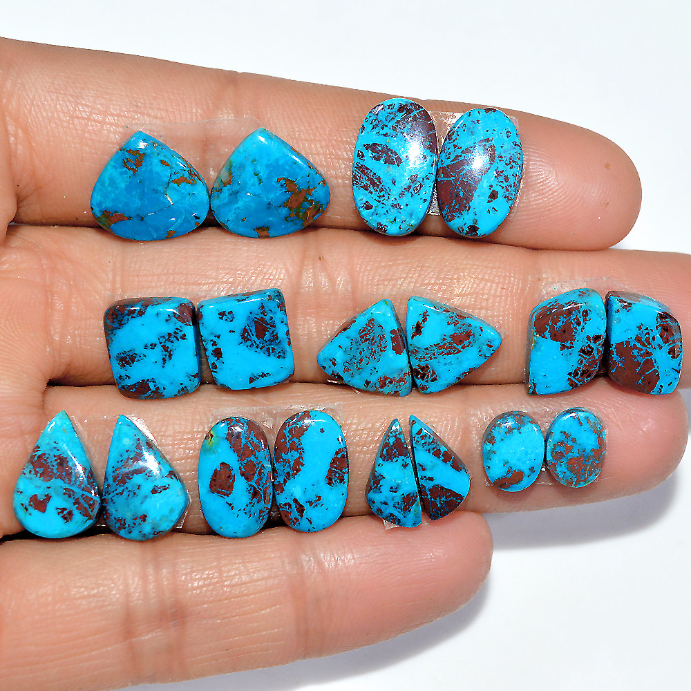 Image of 9 Pairs 54 Cts Natural Chrysocolla Cabochon Gemstone Dangle Drop Dainty Earrings Making Matched Loose Gemstone Pair Lot 14x9 6x5mm #17310