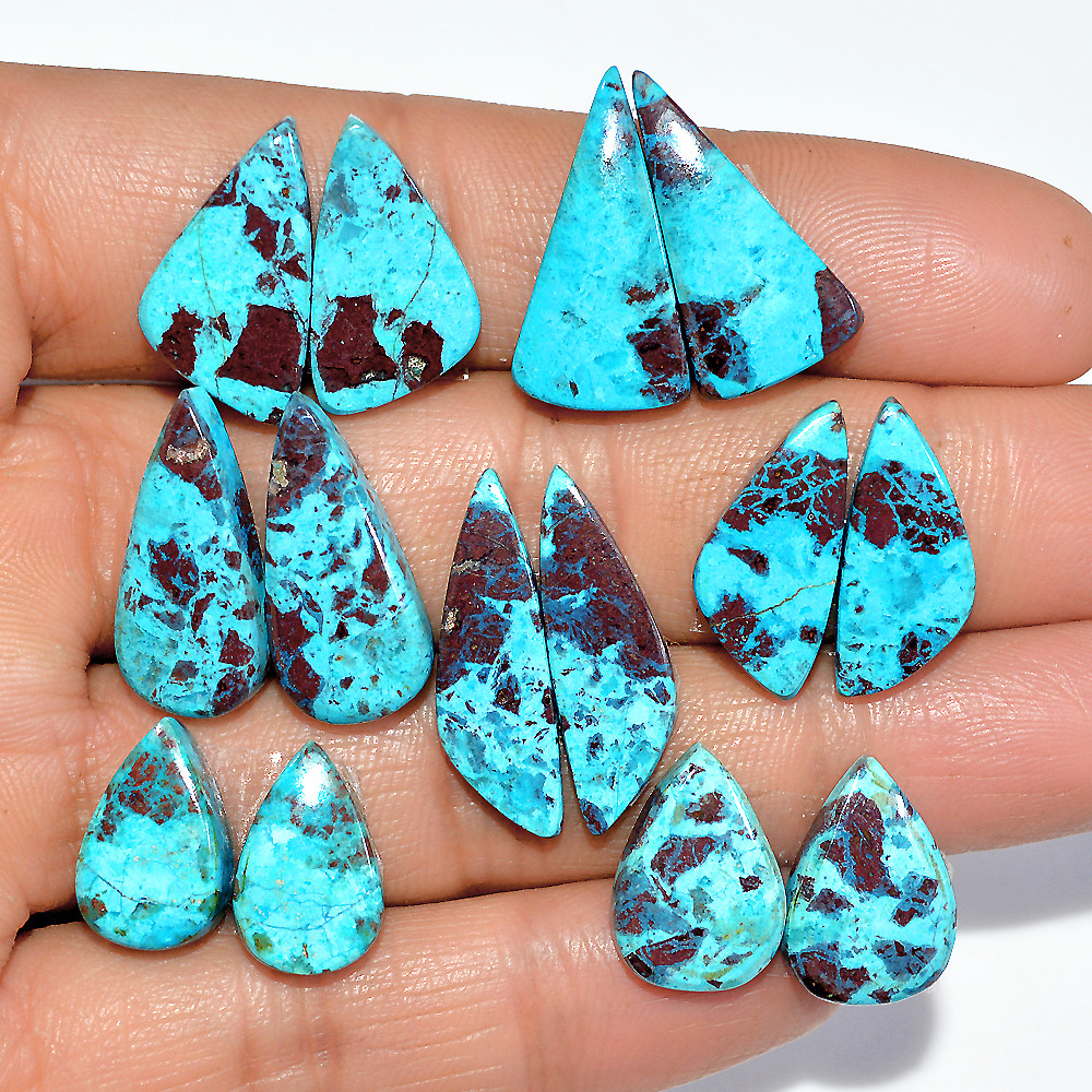 Image of 7 Pairs 73 Cts Natural Chrysocolla Cabochon Gemstone Dangle Drop Dainty Earrings Making Matched Loose Gemstone Pair Lot 24x5 14x9mm #17311