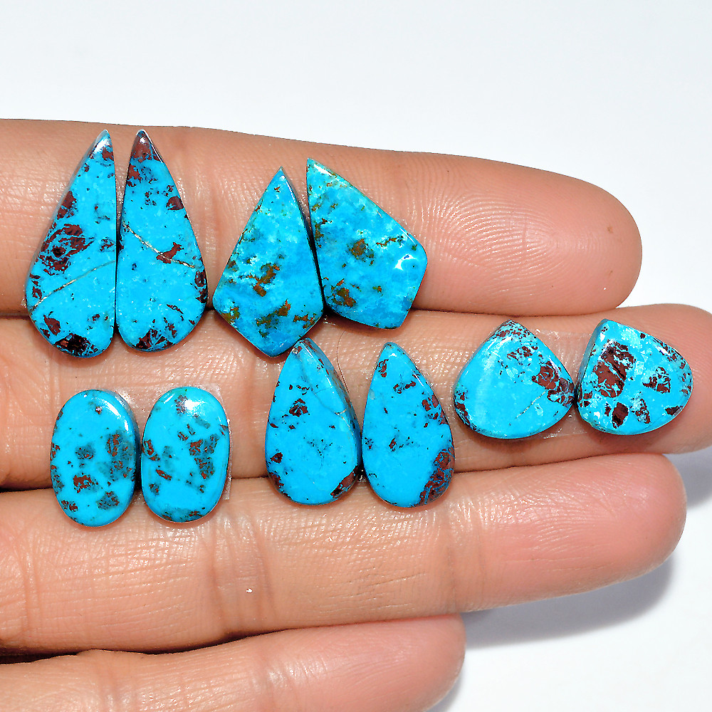 Image of 5 Pairs 52 Cts Natural Chrysocolla Cabochon Gemstone Dangle Drop Dainty Earrings Making Matched Loose Gemstone Pair Lot 21x9 10x10mm #17313