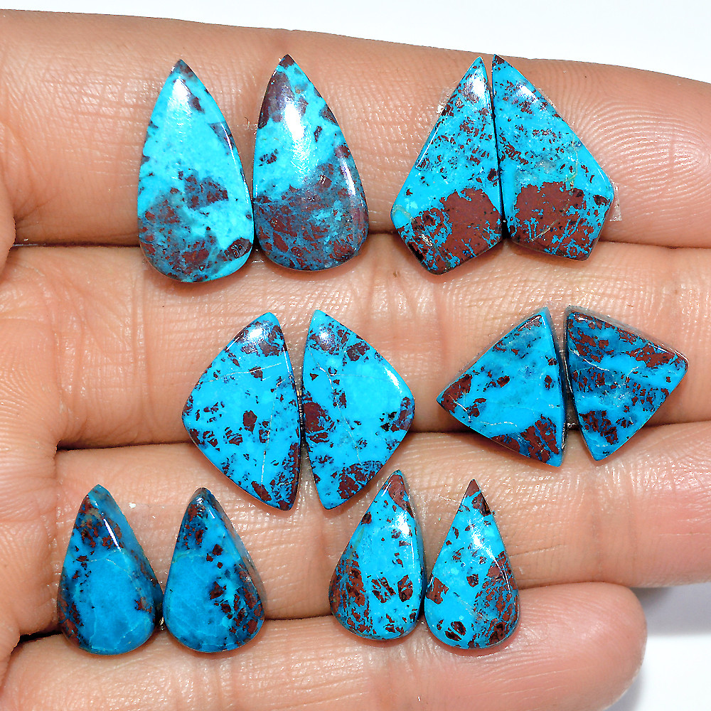 Image of 6 Pairs 56 Cts Natural Chrysocolla Cabochon Gemstone Dangle Drop Dainty Earrings Making Matched Loose Gemstone Pair Lot 19x9 14x6mm #17317