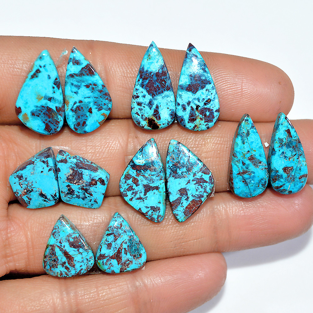 Image of 6 Pairs 58 Cts Natural Chrysocolla Cabochon Gemstone Dangle Drop Dainty Earrings Making Matched Loose Gemstone Pair Lot 19x9 14x10mm #17319