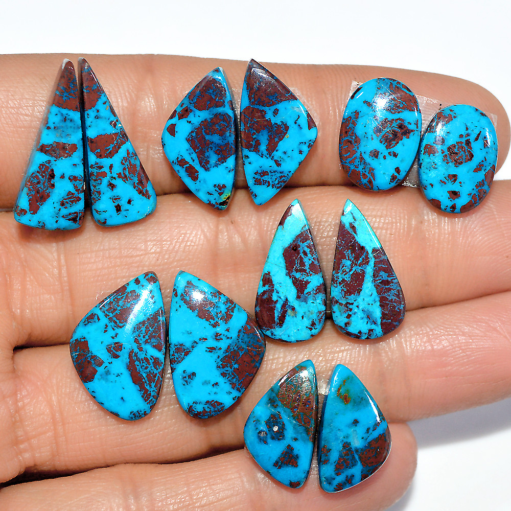 Image of 6 Pairs 67 Cts Natural Chrysocolla Cabochon Gemstone Dangle Drop Dainty Earrings Making Matched Loose Gemstone Pair Lot 20x7 15x7mm #17320