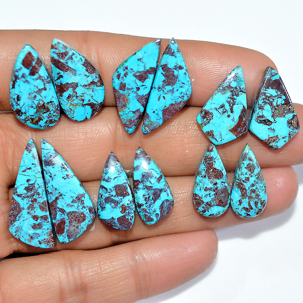 6 Pairs 69 Cts Natural Chrysocolla Cabochon Gemstone Dangle Drop Dainty Earrings Making Matched Loose Gemstone Pair Lot 25x10 18x8mm 17321