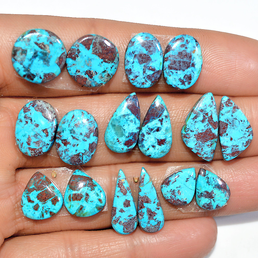 Image of 8 Pairs 47 Cts Natural Chrysocolla Cabochon Gemstone Dangle Drop Dainty Earrings Making Matched Loose Gemstone Pair Lot 15x5 10x10mm #17323