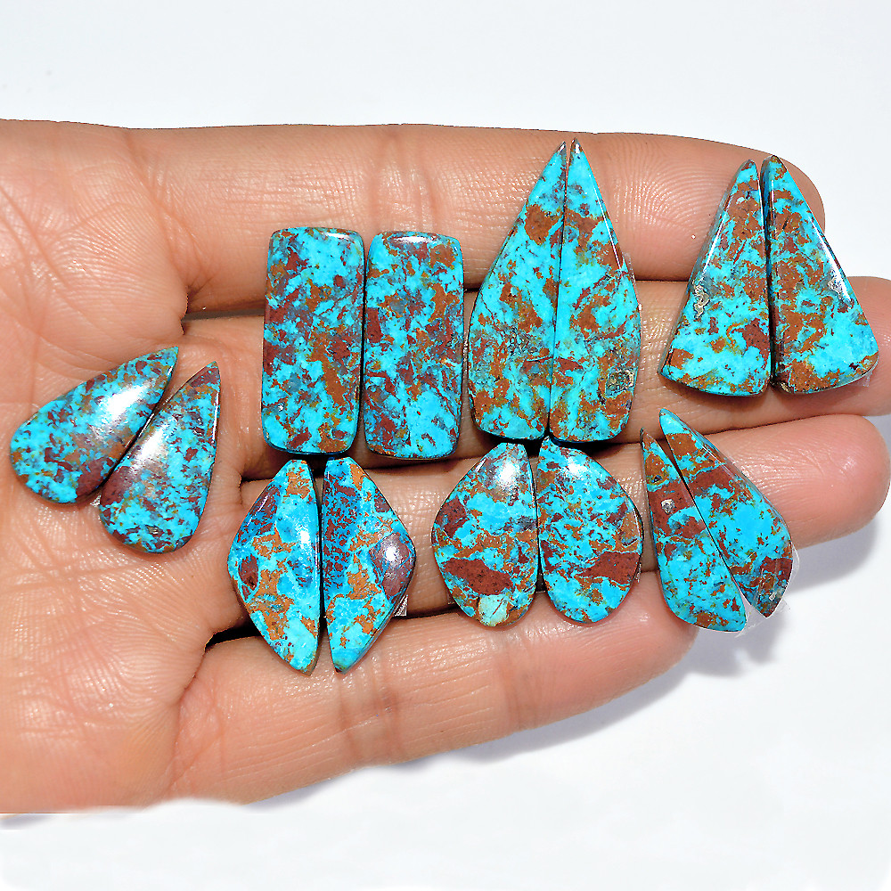 Image of 7 Pairs 116 Cts Natural Chrysocolla Cabochon Gemstone Dangle Drop Dainty Earrings Making Matched Loose Gemstone Pair Lot 32x8 20x10mm #17324