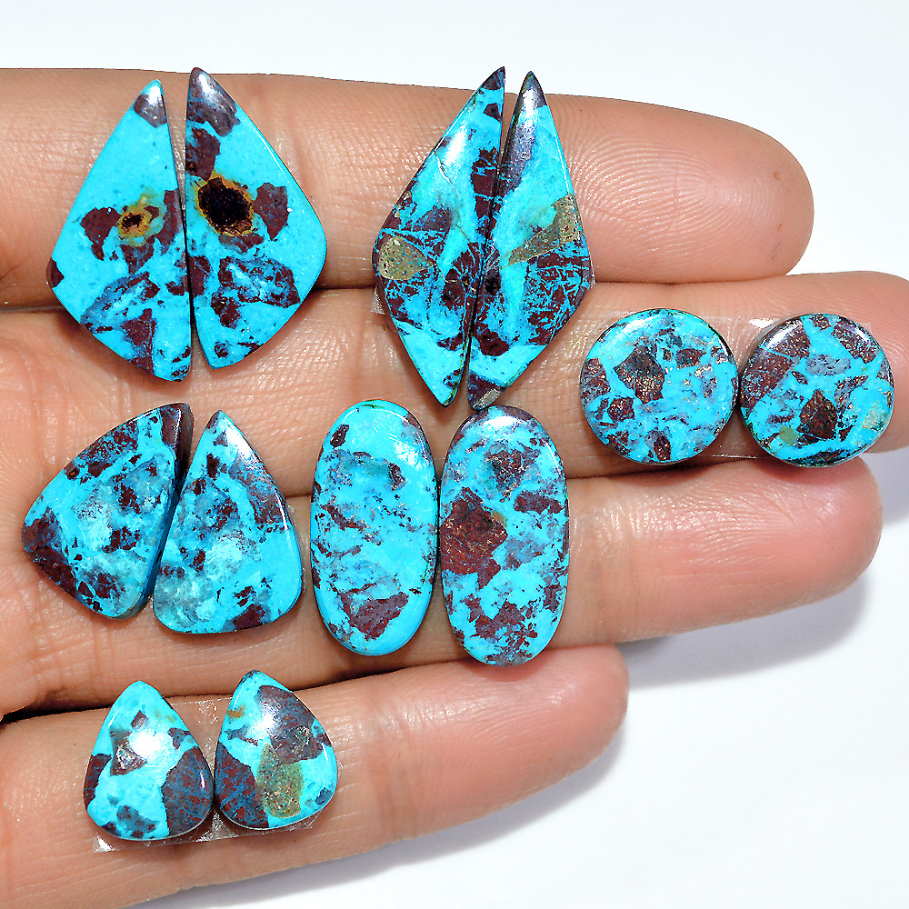 Image of 6 Pairs 85 Cts Natural Chrysocolla Cabochon Pairs Statement Earrings Making Loose Healing Gemstone Lot 29x8 11x11mm #17327