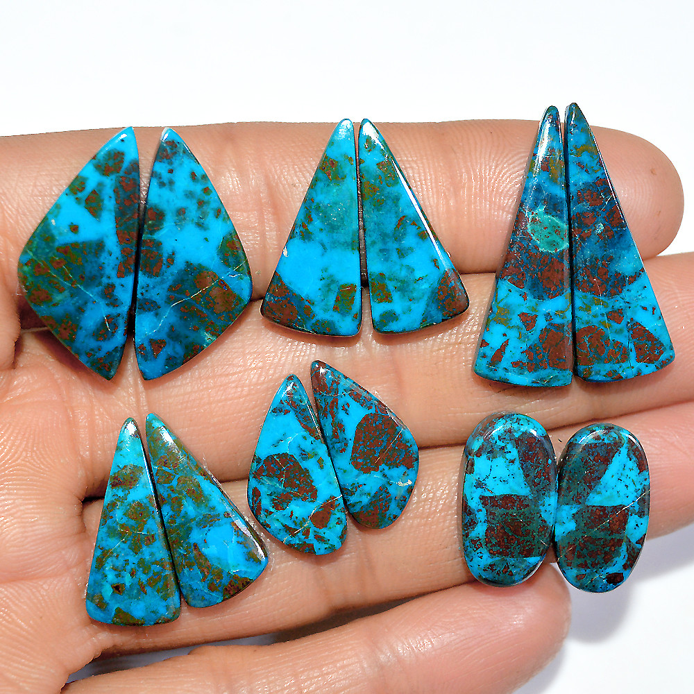 Image of 6 Pairs 86 Cts Natural Chrysocolla Cabochon Pairs Statement Earrings Making Loose Healing Gemstone Lot 29x10 18x6mm #17346