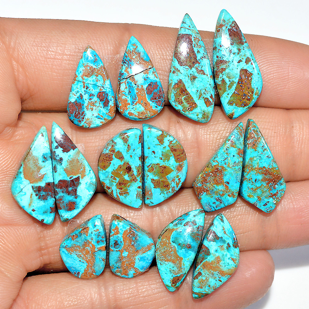 Image of 7 Pairs 74 Cts Natural Chrysocolla Cabochon Gemstone Pair Statement Dainty Earrings Making Healing Crystal Gemstone Lot 24x9 14x10mm #17351