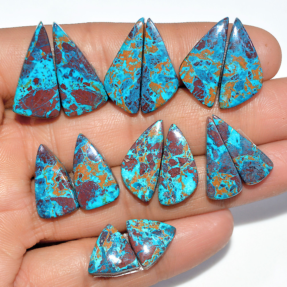 Image of 7 Pairs 83 Cts Natural Chrysocolla Cabochon Gemstone Pair Statement Dainty Earrings Making Healing Crystal Gemstone Lot 24x10 12x11mm #17361