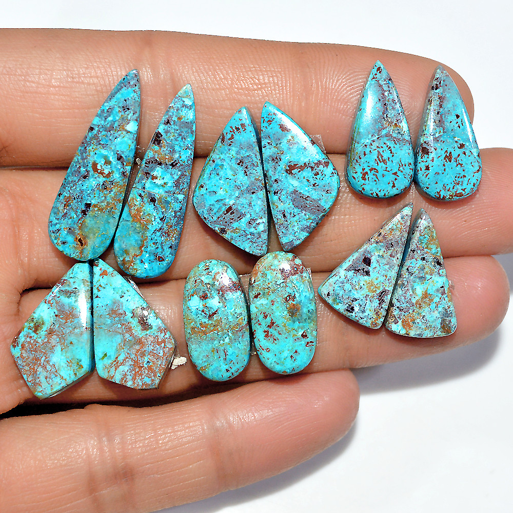 Image of 6 Pairs 83 Cts Natural Chrysocolla Cabochon Gemstone Pair Statement Dainty Earrings Making Healing Crystal Gemstone Lot 28x8 15x9mm #17363