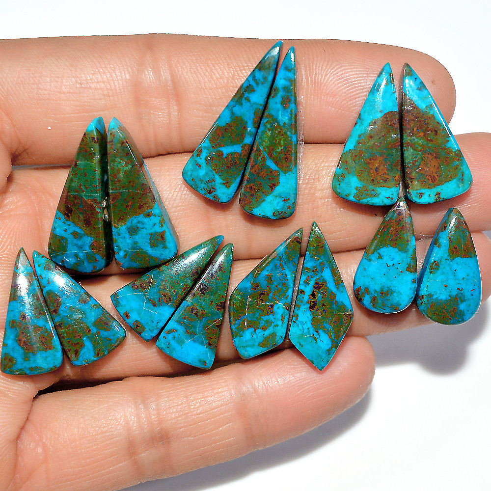 Image of 7 Pairs 109 Cts Natural Chrysocolla Cabochon Pairs Lot Dangle Drop Silver Earrings Making Matched Gemstone 25x9 18x10mm #17372