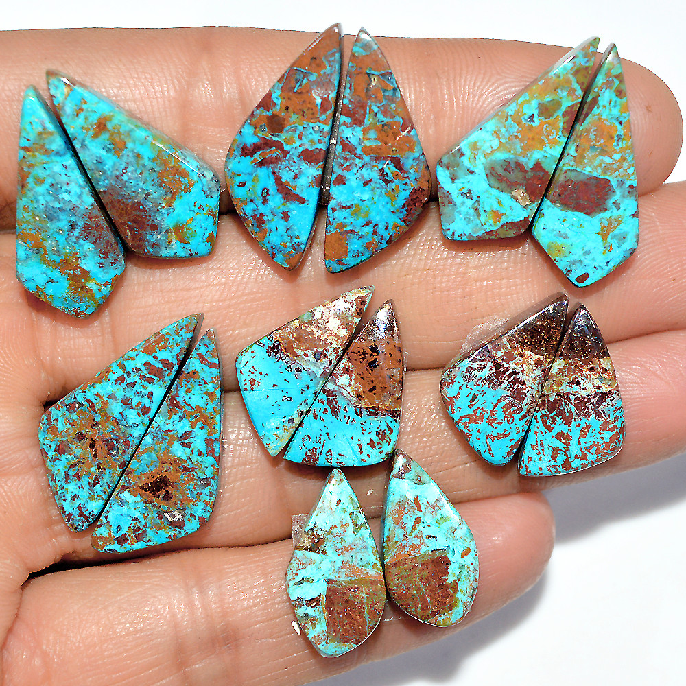 7 Pairs 94 Cts Natural Chrysocolla Cabochon Pairs Lot Dangle Drop Silver Earrings Making Matched Gemstone 25x10 18x9mm 17373