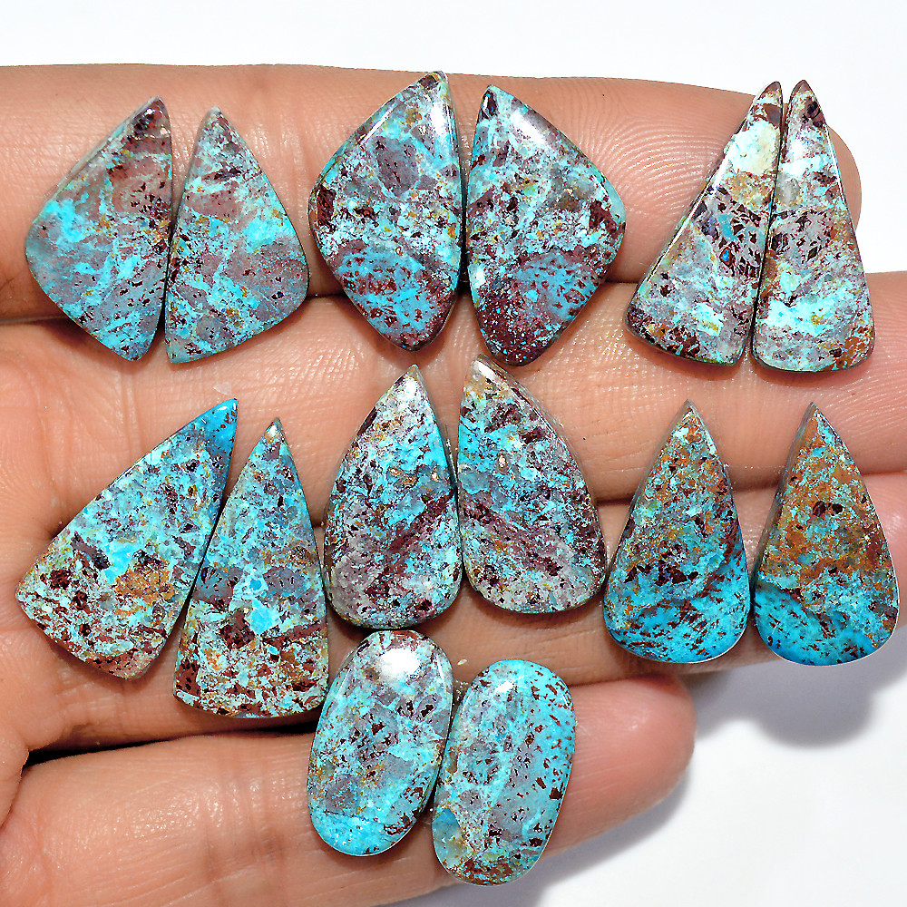 7 Pairs 118 Cts Natural Chrysocolla Cabochon Pairs Lot Dangle Drop Silver Earrings Making Matched Gemstone 23x10 18x10mm 17374