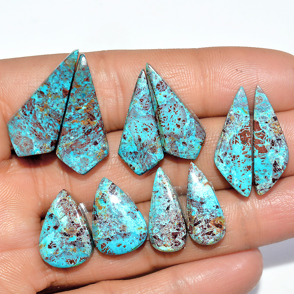 5 Pairs 82 Cts Natural Chrysocolla Cabochon Pairs Lot Dangle Drop Silver Earrings Making Matched Gemstone 27x10 17x11mm 17375