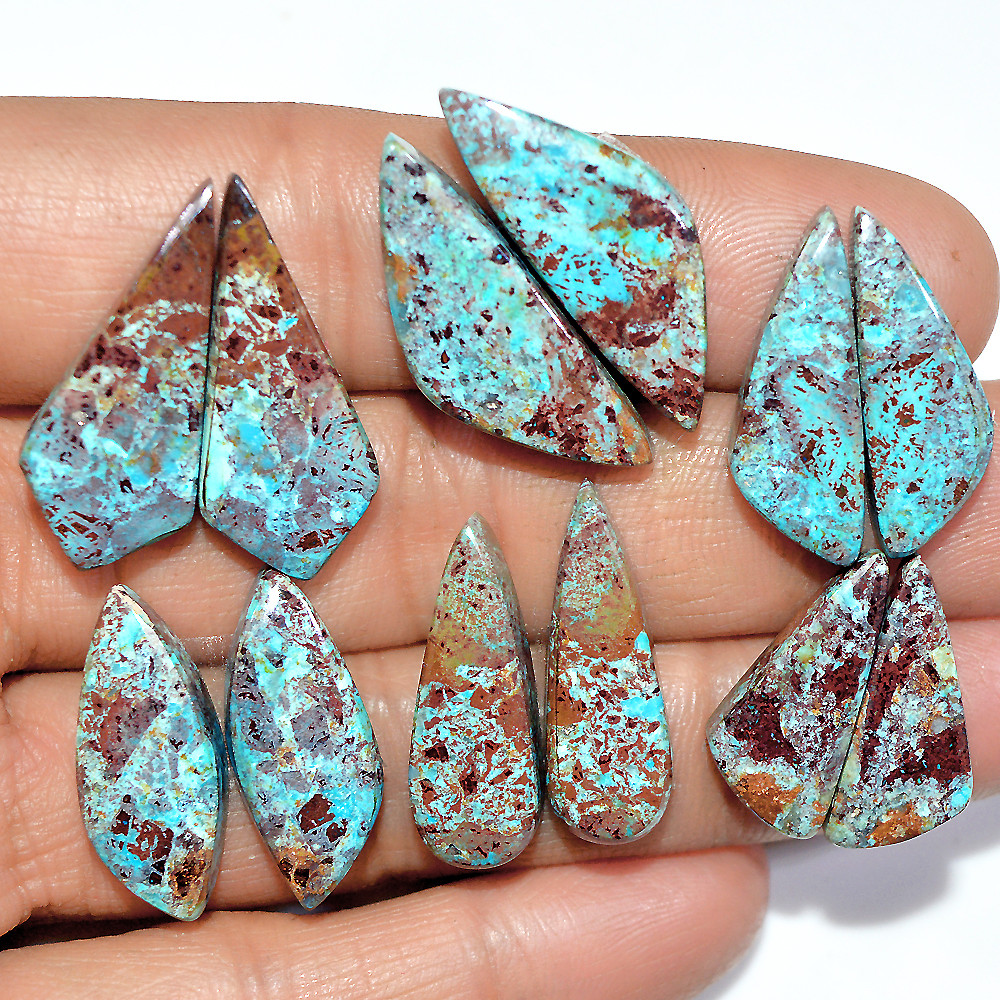 Image of 6 Pairs 95 Cts Natural Chrysocolla Cabochon Pairs Lot Dangle Drop Silver Earrings Making Matched Gemstone 25x10 20x8mm #17376