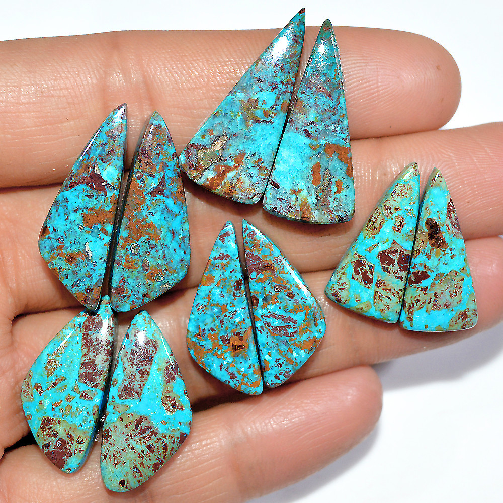 5 Pairs 90 Cts Natural Chrysocolla Cabochon Pairs Lot Dangle Drop Silver Earrings Making Matched Gemstone 26x10 21x10mm 17377