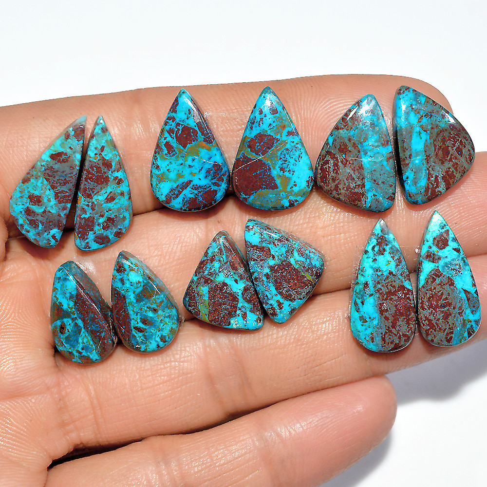 Image of 6 Pairs 77 Cts Natural Chrysocolla Cabochon Pairs Lot Dangle Drop Silver Earrings Making Matched Gemstone 20x8 15x10mm #17380