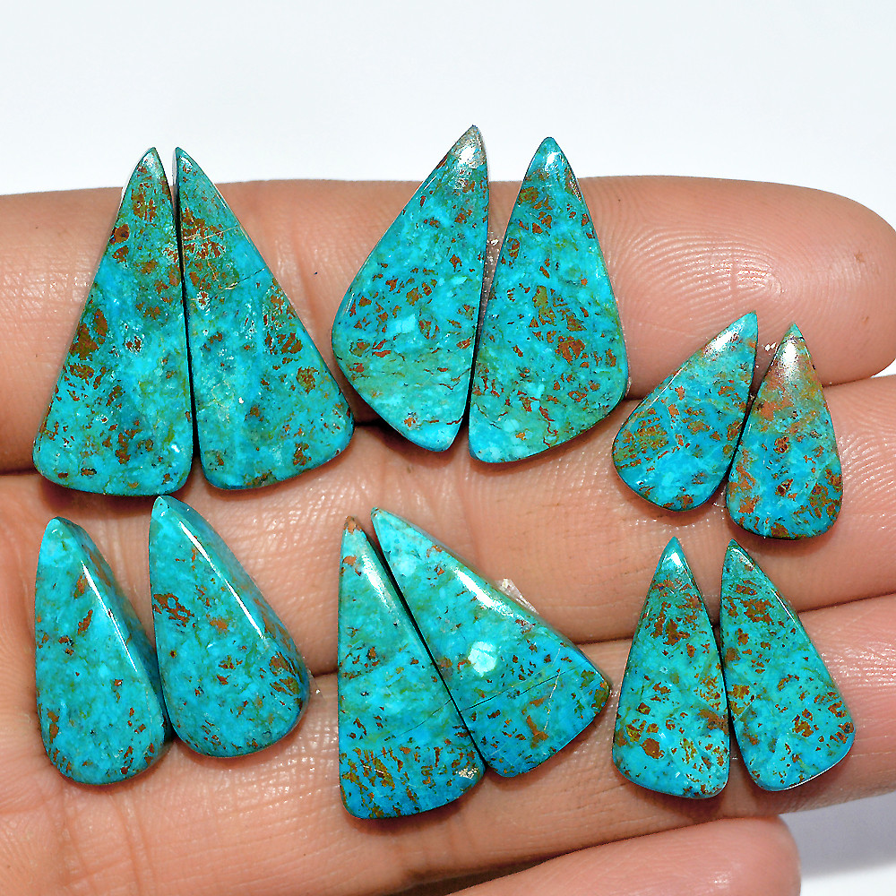 Image of 6 Pairs 71 Cts Natural Chrysocolla Cabochon Pairs Lot Dangle Drop Silver Earrings Making Matched Gemstone 24x10 14x6mm #17381