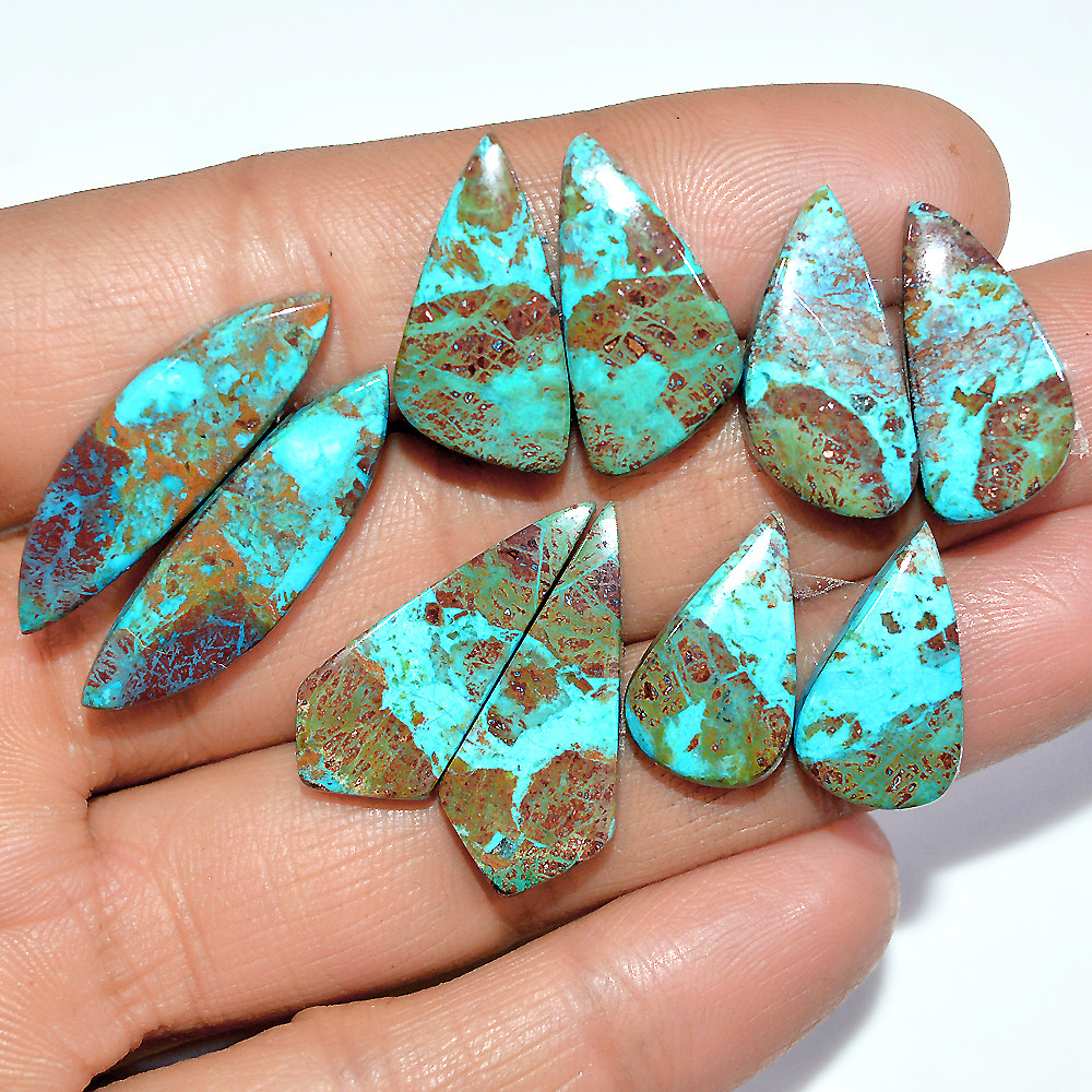 Image of 5 Pairs 68 Cts Natural Chrysocolla Cabochon Pairs Lot Dangle Drop Silver Earrings Making Matched Gemstone 29x8 16x10mm #17382