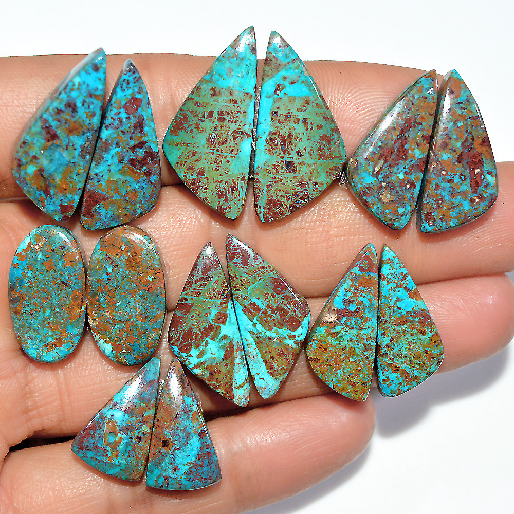 Image of 7 Pairs 122 Cts Natural Chrysocolla Cabochon Pairs Lot Dangle Drop Silver Earrings Making Matched Gemstone 25x10 16x10mm #17383