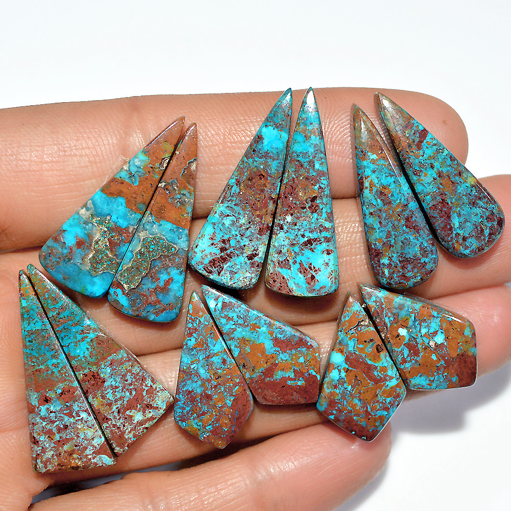 6 Pairs 126 Cts Natural Chrysocolla Cabochon Pairs Lot Dangle Drop Silver Earrings Making Matched Gemstone 30x10 20x11mm 17384