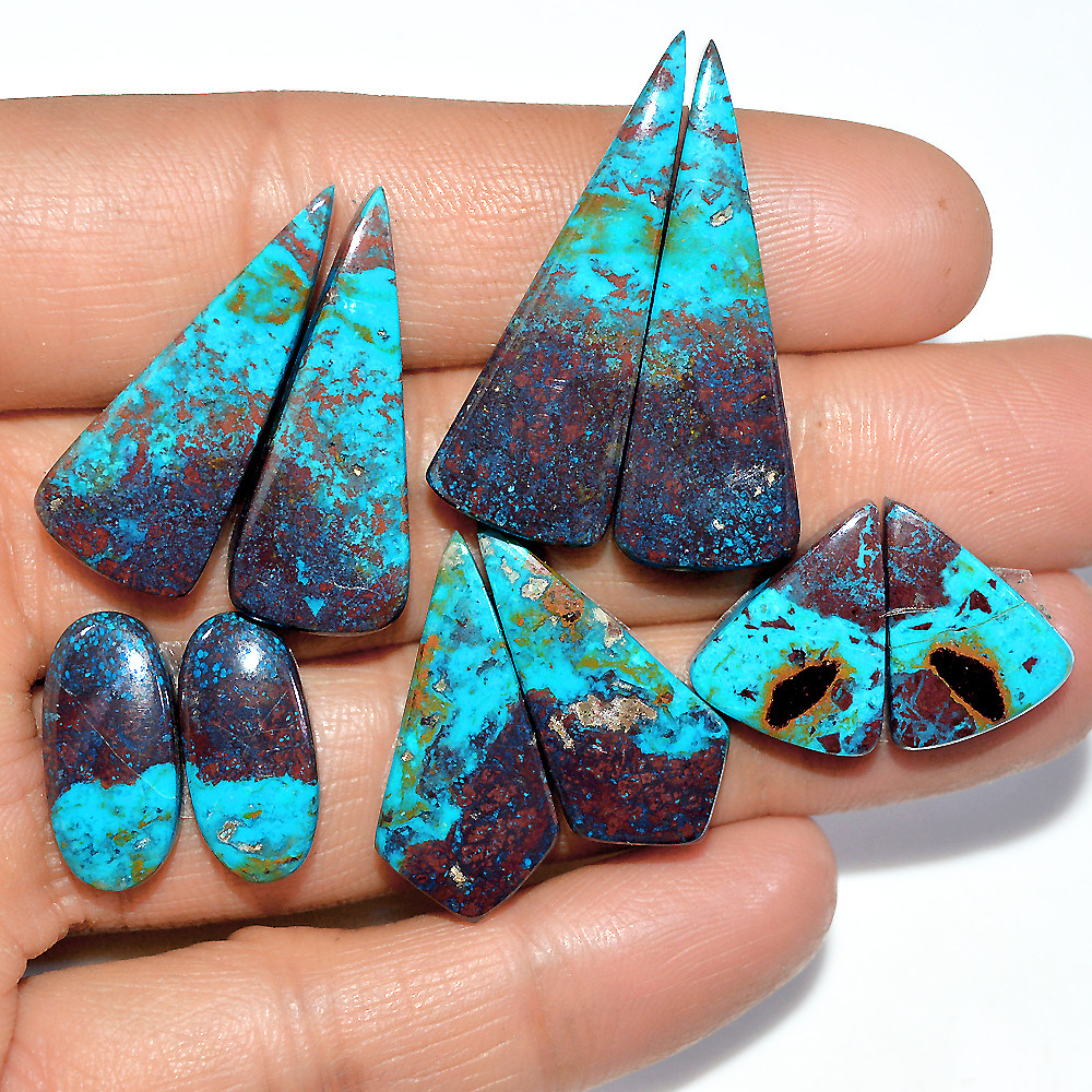 Image of 5 Pairs 106 Cts Natural Chrysocolla Cabochon Pairs Lot Dangle Drop Silver Earrings Making Matched Gemstone 34x10 15x11mm #17386