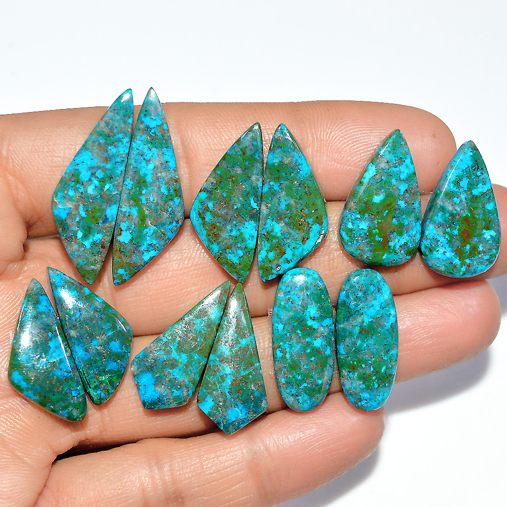 Image of 6 Pairs 118 Cts Natural Chrysocolla Cabochon Pairs Lot Dangle Drop Silver Earrings Making Matched Gemstone 30x10 20x10mm #17387