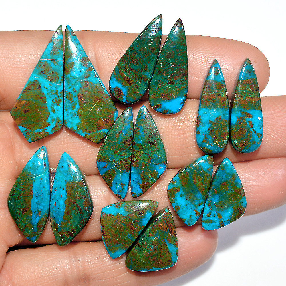 Image of 7 Pairs 125 Cts Natural Chrysocolla Cabochon Pairs Lot Dangle Drop Silver Earrings Making Matched Gemstone 30x13 19x10mm #17388