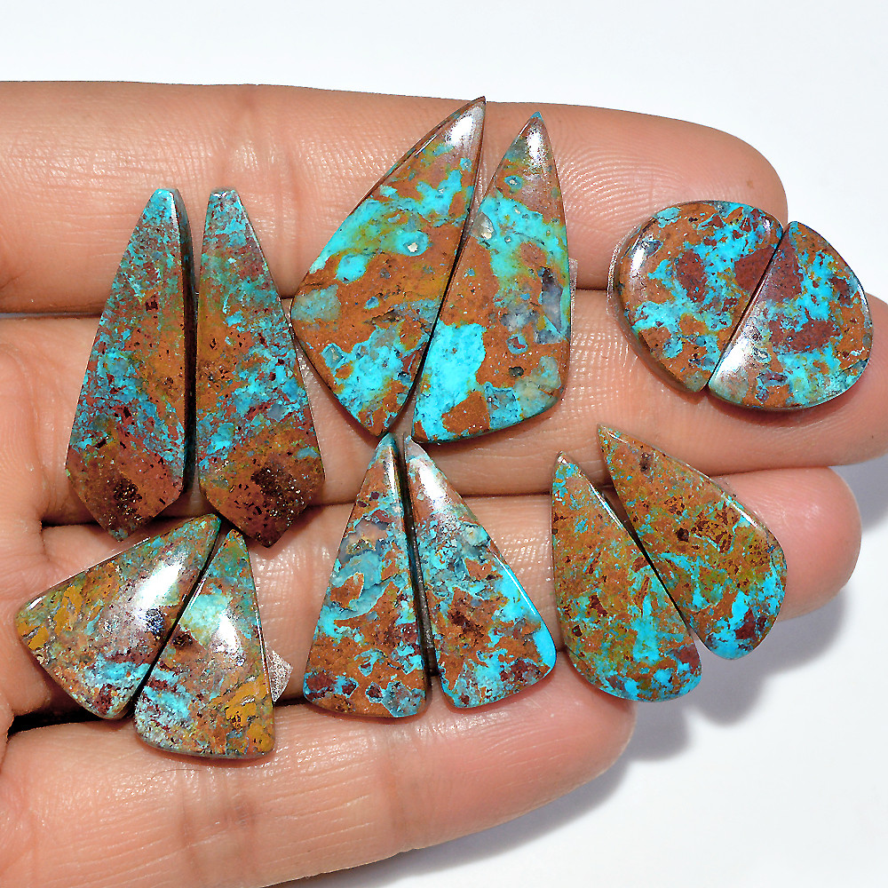 6 Pairs 121 Cts Natural Chrysocolla Cabochon Pairs Lot Dangle Drop Silver Earrings Making Matched Gemstone 30x10 15x10mm 17389