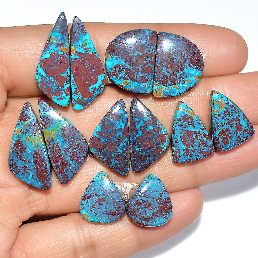 Image of 6 Pairs 100 Cts Natural Chrysocolla Cabochon Pairs Lot Dangle Drop Silver Earrings Making Matched Gemstone 25x9 13x11mm #17390