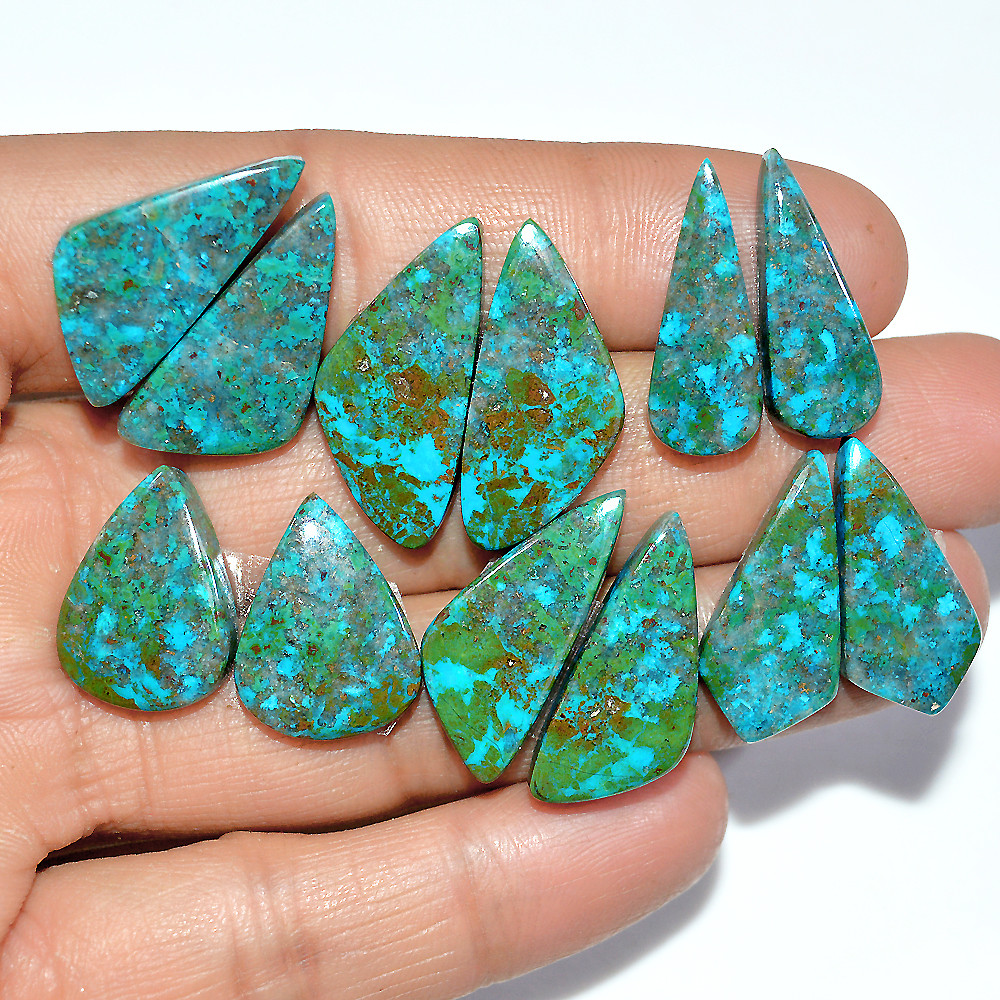 Image of 6 Pairs 105 Cts Natural Chrysocolla Cabochon Pairs Lot Dangle Drop Silver Earrings Making Matched Gemstone 25x10 18x14mm #17392