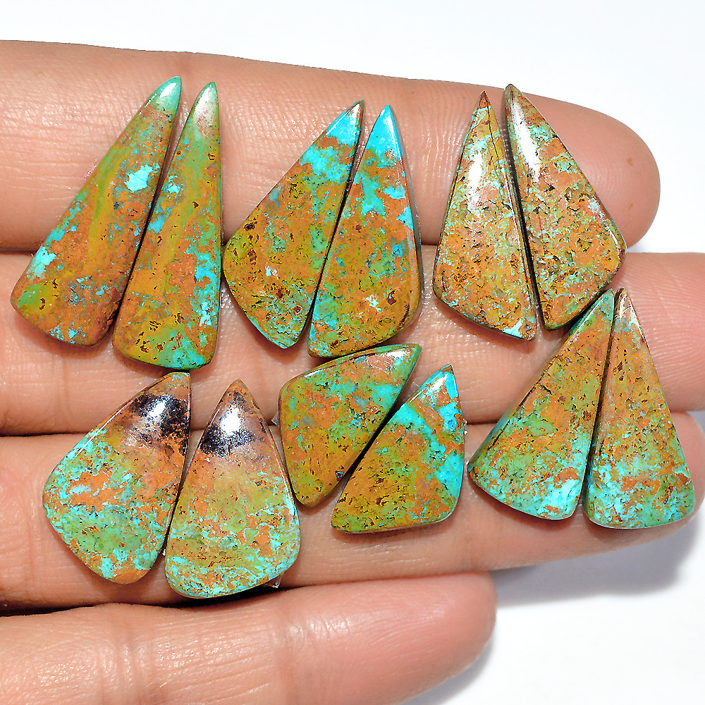 Image of 6 Pairs 92 Cts Natural Chrysocolla Cabochon Pairs Lot Dangle Drop Silver Earrings Making Matched Gemstone 26x10 19x10mm #17393