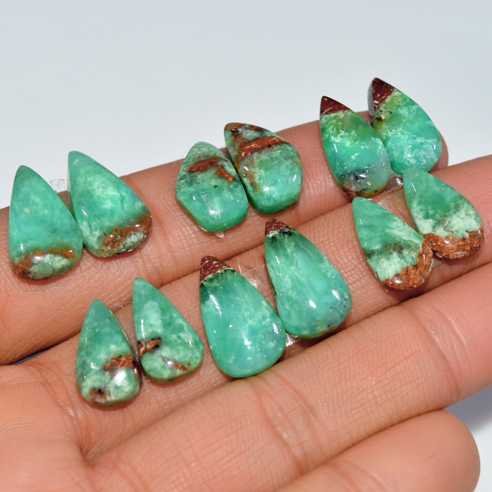 Image of 6 Pairs 70 Cts Natural Chrysoprase Cabochon Semi-Precious Healing Gemstone Matched Earrings Making Pairs Lot 15x9 13x8mm #17463