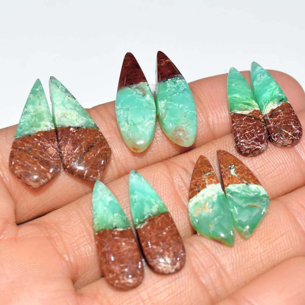 Image of 5 Pairs 79 Cts Natural Chrysoprase Cabochon Semi-Precious Healing Gemstone Matched Earrings Making Pairs Lot 25x8 21x8mm #17465