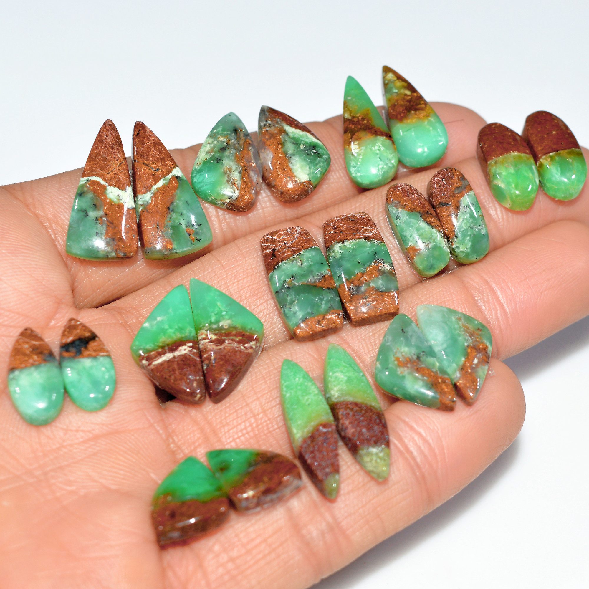 11 Pairs 129 Cts Natural Chrysoprase Cabochon Semi-Precious Healing Gemstone Matched Earrings Making Pairs Lot 20x10 14x5mm 17466
