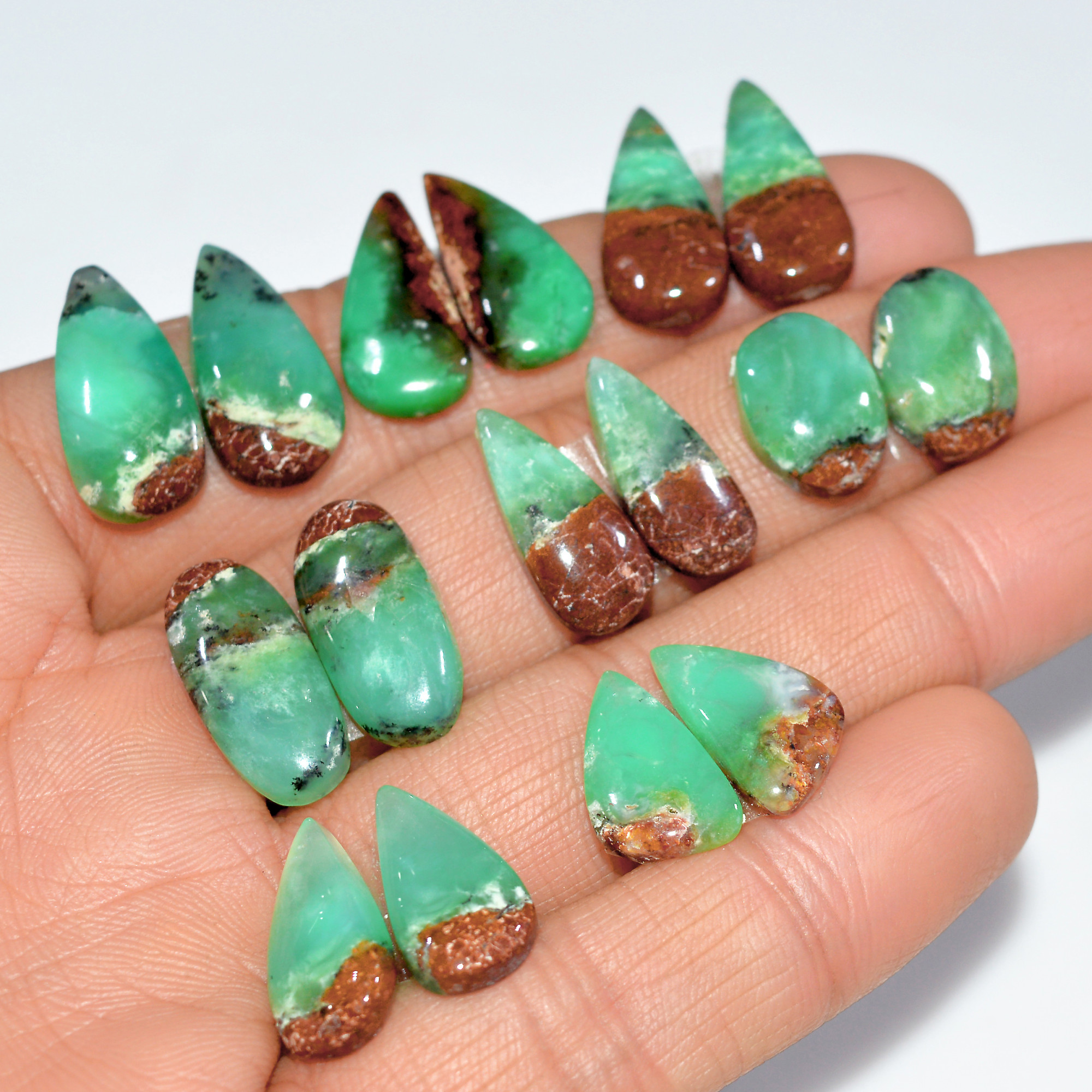 8 Pairs 99 Cts Natural Chrysoprase Cabochon Semi-Precious Healing Gemstone Matched Earrings Making Pairs Lot 19x9 14x9mm 17467