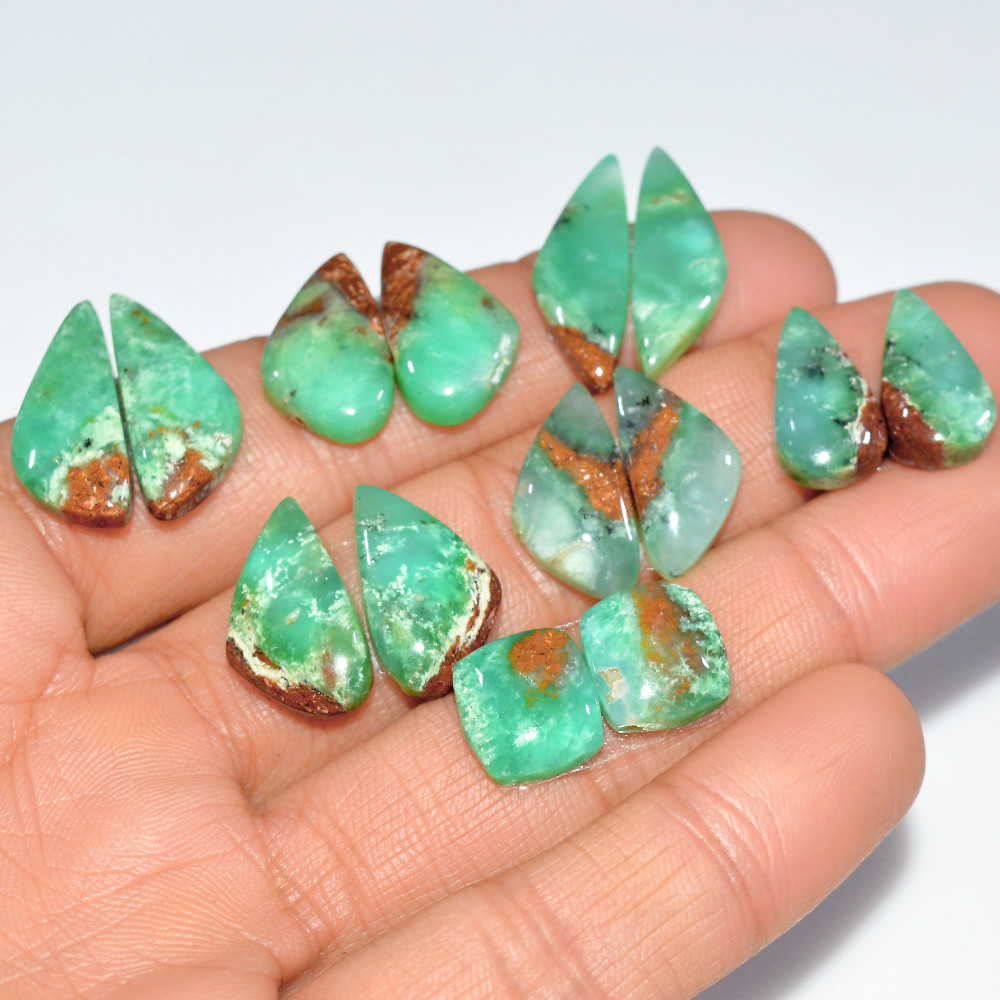 Image of 7 Pairs 98 Cts Natural Chrysoprase Cabochon Semi-Precious Healing Gemstone Matched Earrings Making Pairs Lot 22x8 10x10mm #17470